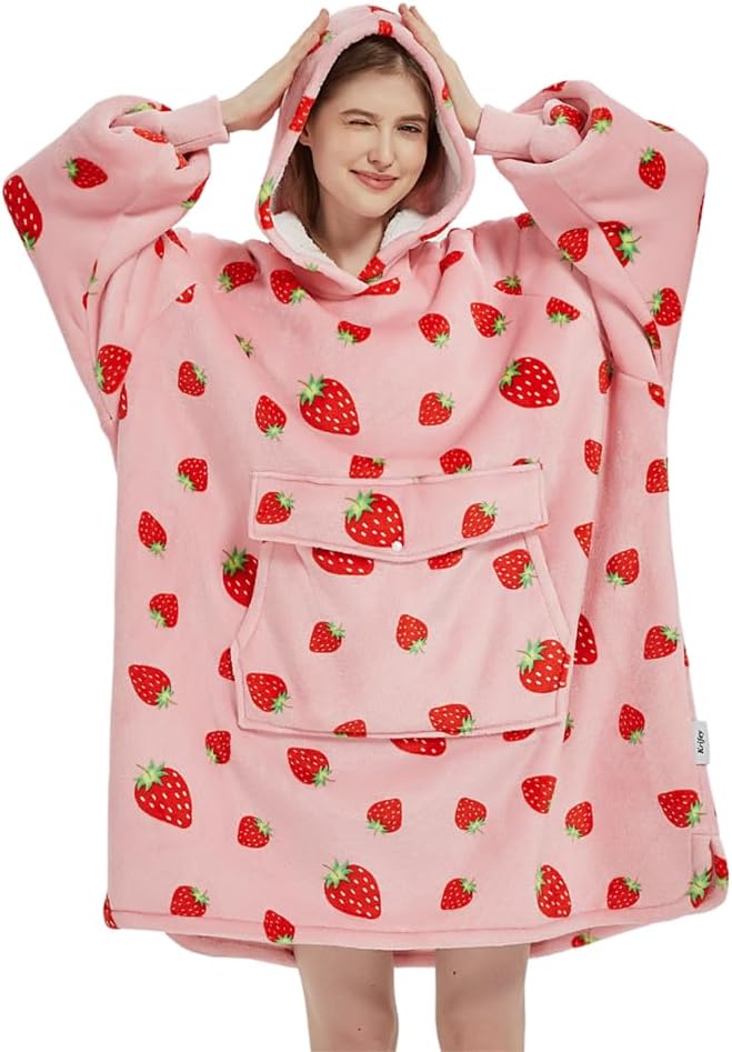 Krifey Wearable Blanket Hoodie, Oversized Sherpa Fleece Sweatshirt with Giant Pocket, Birthday Gifts for Women, Mom, Sister, Strawberry