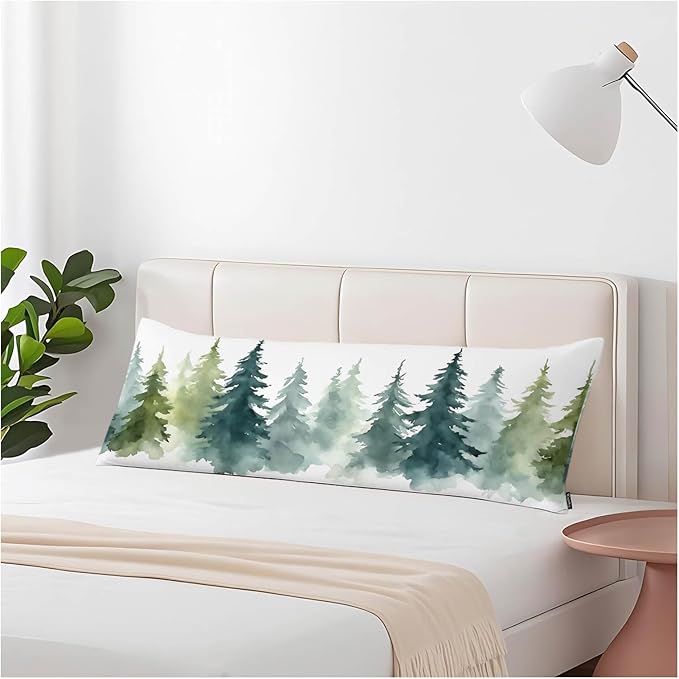 Couch Pillows Decorative Body Pillow Cover Watercolor Forest Fir Trees Rectangle Body Pillowcase for Men Women, Winter Body Pillow Covers 20" X 54" Cushion Cases for Sofa Bed, Green