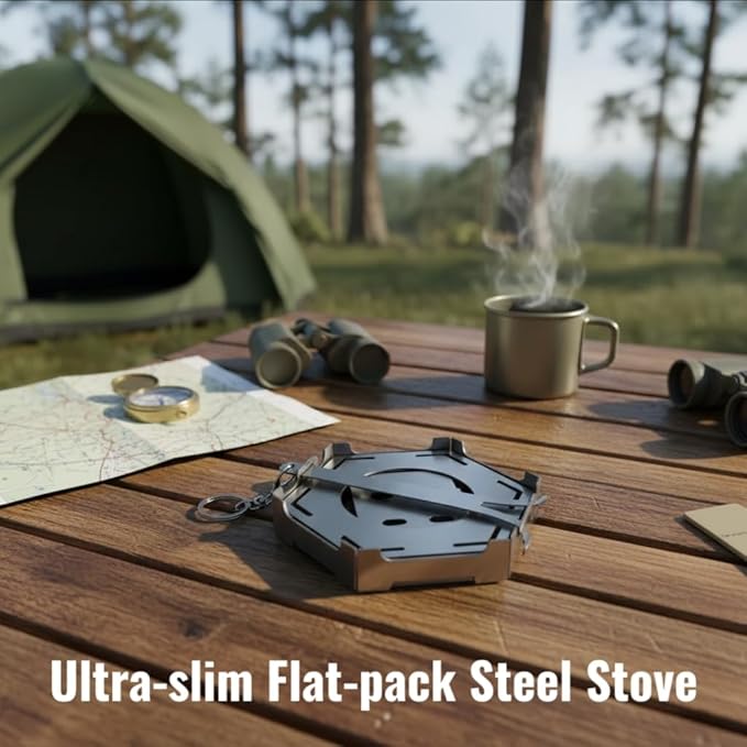 Portable Hexagonal Camping Stove - Slim Foldable Stainless Steel Card Stove, Compatible with Alcohol Burner & Wood, Lightweight Outdoor Cooking Stove, Space-Saving Flat-Pack Gear for Backpacking & BBQ