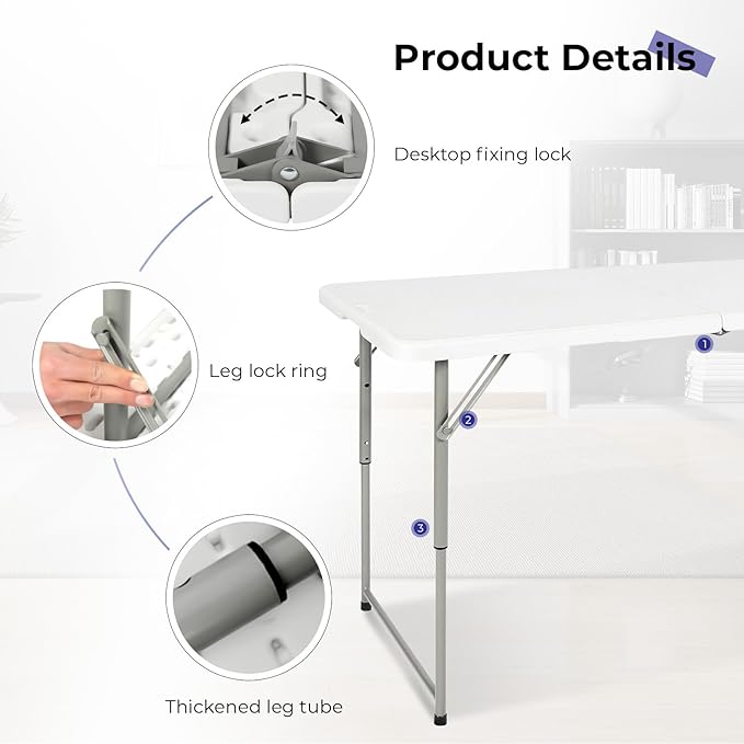 Byliable Folding Table 4 Foot Portable Heavy Duty Plastic Fold-in-Half Utility Table Small Indoor Outdoor Adjustable Height Folding with Carrying Handle, Camping and Party,White | Portable, Heavy Duty, Fold-in-Half, Indoor Outdoor, Adjustable Height, F...