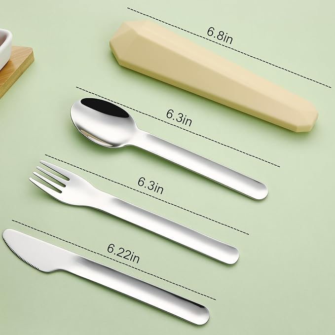 Utensils for Lunch Box Accessories, DEVICO Travel Silverware Set with Case, Camping Flatware Include 18/8 Stainless Steel Knife Fork and Spoon Set, Reusable Portable Cutlery Set for School (Yellow)