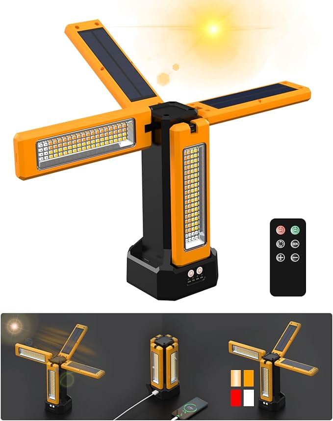 13200mAh Rechargeable Solar Work Light with Folding Stand and Carrying Bag, AODOO 8000 Lumen Stepless Dimmable , White/Warm/Nature White/RED(SOS) with Detachable Tripod (Orange(No Tripod))