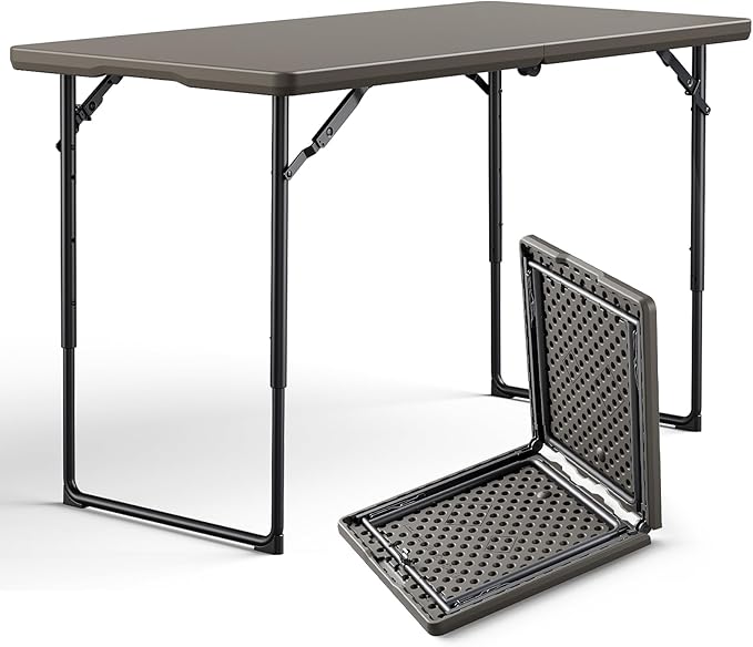 Folding Table 48" x 24" - Heavy Duty Fold-in-Half Plastic Table with Adjustable Height, Portable Utility Tables with Steel Legs for Indoor, Outdoor, Picnic, Camping, Dining, Party (Khaki)