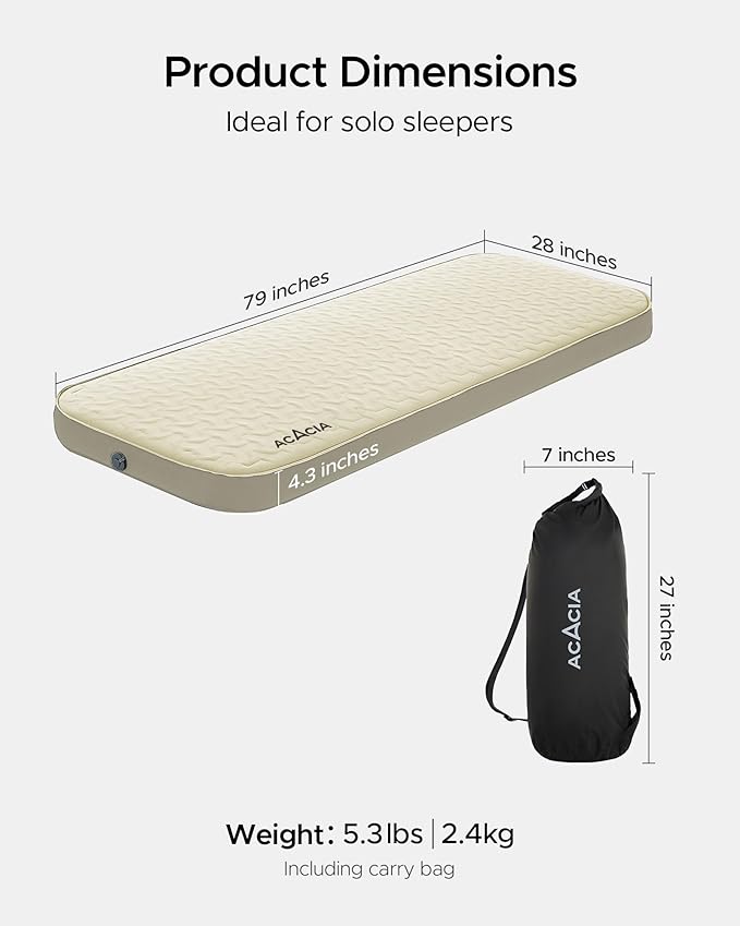 Acacia 4" Thick Self Inflating Sleeping Pad with Foam, Innovative Y-Shaped Telescopic Structure, Ultraportable Camping Air Mattress with Pump Sack, Easy Roll Up Sleep Bed for Travel Tent Car