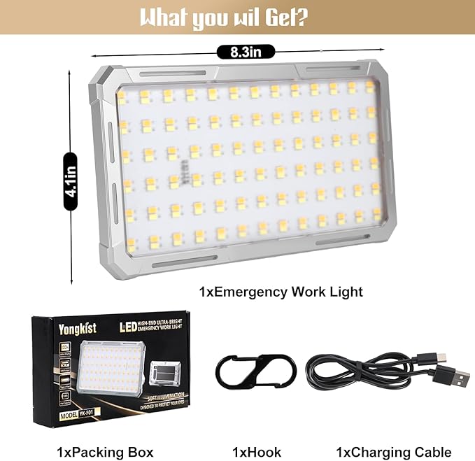 Solar Rechargeable Work Light with Power Bank & Battery Indicator, 178 LED Portable Flood Light with Magnetic Base, 4 Modes IP44 Waterproof Job Site Lamp for Camping, Fishing, Car Repair (Silver Body)
