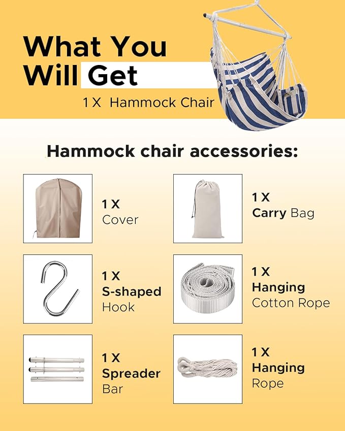ADVOKAIR Hammock Chair Swing, Heavy-Duty Hanging Rope Swing Seat Supports 500 Lbs, Ideal for Outdoor Patio, Backyard, Porch, Deck & Indoor Bedroom Use