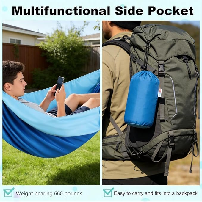 Camping Hammock, Portable Hammocks with Tree Straps & Attached Carry Bag, Travel Tree Hammocks for Outside Indoor Hiking Beach Backpack Travel(Blue, Polyester Pongee)