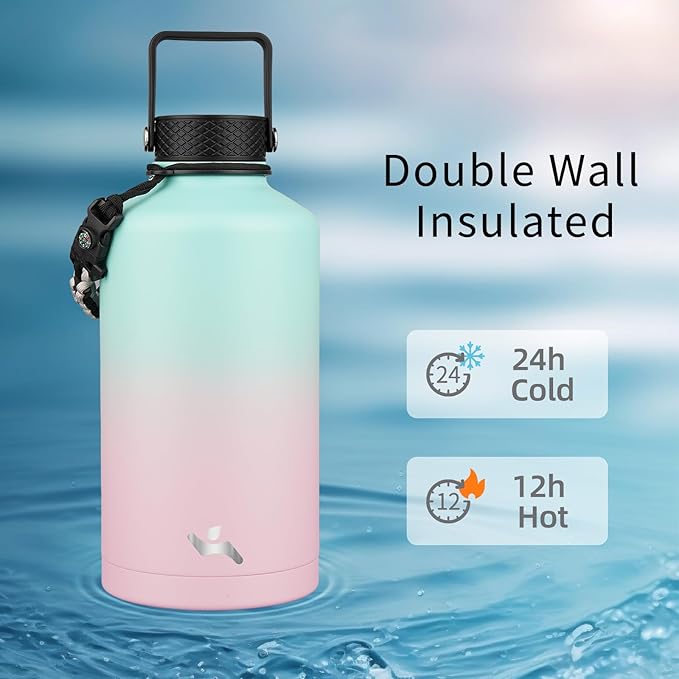 Konokyo Insulated Water Bottle with Straw,87 oz 3 Lids Water Jug with Carrying Bag,Paracord Handle,Double Wall Vacuum Stainless Steel Metal Flask,Gum