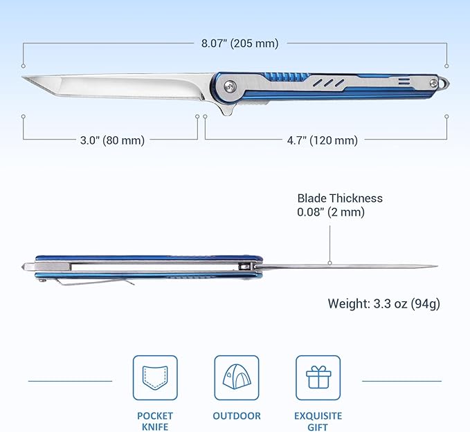 FUNBRO EDC Pocket Knife for Womens, Tanto Folding Knives with 7CR13Mov Stainless Steel Blade, Cool Survival Knife with Clip, Window Breaker, Flipper Open and Liner Lock for Outdoor Camping (Blue)