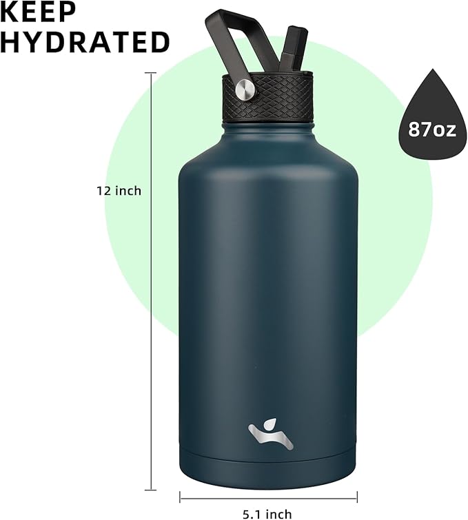 Konokyo Insulated Water Bottle with Straw,87 oz 3 Lids Water Jug with Carrying Bag,Paracord Handle,Double Wall Vacuum Stainless Steel Metal Flask,Navy Blue