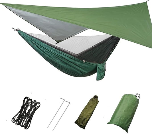 Camping Hammock, Double & Single Portable Hammock with Tree Straps, Lightweight Nylon Hammock Swing Set with Net and Rain Fly Tarp and Pocket for Backpacking Hiking Travel Outdoor(Green+Green)