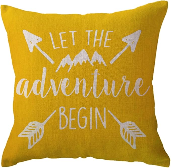 ULOVE LOVE YOURSELF Adventure Arrow Throw Pillow Covers Mountain Forest Pillowcases 18 x 18 Inch Let The Adventure Begin Decorative Cushion Covers for Cabin/Camper (Yellow)