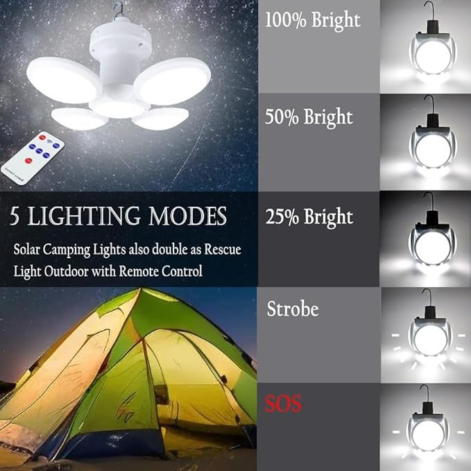 Folding Solar Camping Lights USB Rechargeable Lantern Waterproof Hanging Canopy Tent Lamp Remote Control Blub Portable for Home Indoor Outdoor Emergency Power Outage Vendors Booths 1 Pack