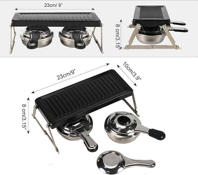 Portable Tabletop Cooking Grill Set, Foldable Mini Raclette Grill with Non-Stick Griddle Plate, 2 Cheese Melting Pans, 2 Spirit Burners and 2 Spatulas, Compact BBQ Camping Stove for Outdoor, Picnics