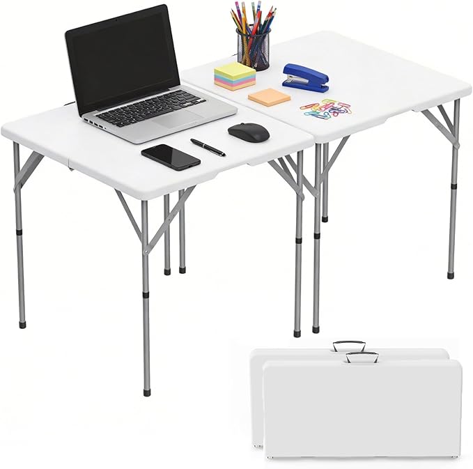 HLPB 34'' Square Folding Card Table 2 Pcs, Fold-in-Half Portable Dining Table with Handle and Safety Lock, Foldable Plastic Dining Table Indoor Outdoor for Camping, Picnic and Party Event, White