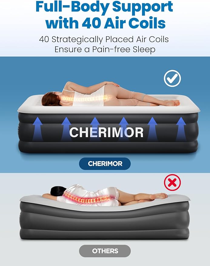 CHERIMOR Queen Air Mattress with Built-in Pump, 18" Raised Comfort, 48Hr Leak-Proof Test, Upgraded Honeycomb Pillar Design, Supports 800 lbs, 3-Min Inflation-Inflatable Bed for Home Guests & Camping