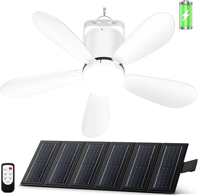 21” Solar Ceiling Fan Light, Foldable Solar Panel Portable Gazebo Fan with Remote, Wireless Battery Operated Ceiling Fan Light Outdoor, for Camping RVs Tent Patio Canopy Chicken Coop Outside