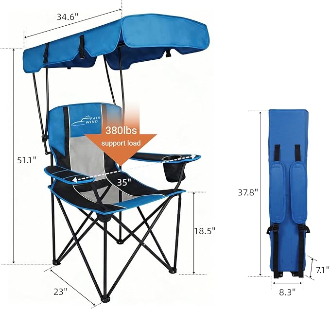 FAIR WIND 2 Pack Portable Canopy Camping Chair 380 LBS Capacity Heavy Duty Oversized Folding Lawn Chair with Sunshade for Beach, Fishing, Sports & Outdoors