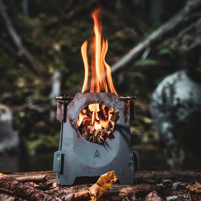 Überleben | Stöker Wood Burning Camping Stove – 18oz Flatpack Stainless Steel Wood Stove for Backpacking, Hiking & Outdoor Cooking – Portable, Folding Camping Essentials (Smokey Blue)