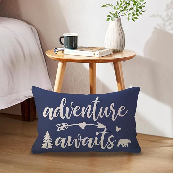 Adventure Camper Decorative Lumbar Pillowcase Double-Sided Let’s Go Camping/Adventure Awaits Throw Pillow Covers Cabin/Camper Cushion Covers 12x20,2Pack for Sofa/Couch/Porch (Blue)