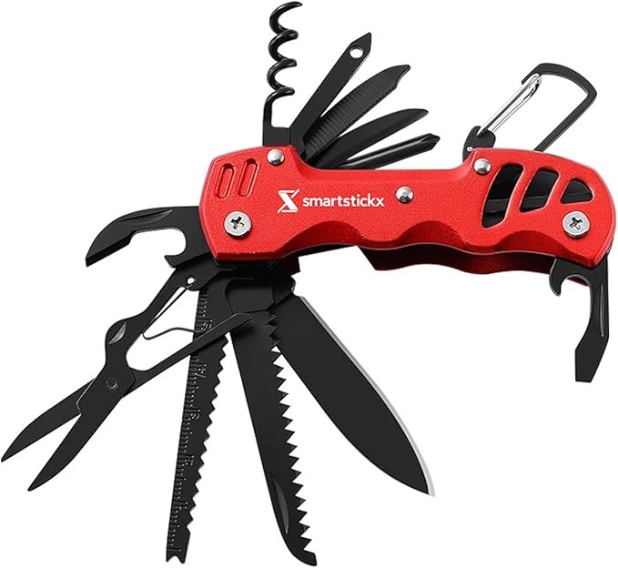 SmartstickX 16 in 1 Multi Tool Tactical Knife Camping essential Survival with Knife, Scissors, Saw, Wine Opener, Multiple Screwdrivers, Key Chain Easy Carry, Fish Scaler (Red)