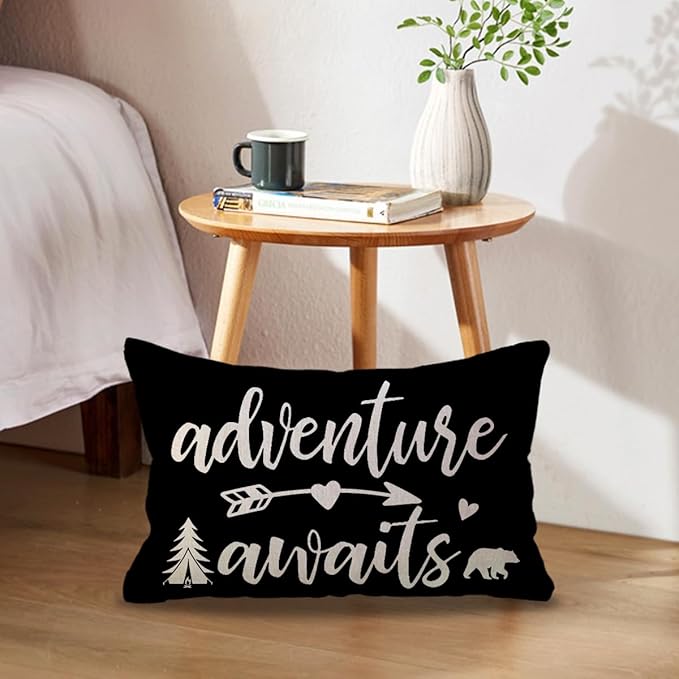 Adventure Camper Decorative Lumbar Pillowcase Double-sided Let’s Go Camping/Adventure Awaits Throw Pillow Covers Cabin/Camper Cushion Covers 12x20,2Pack for Sofa/Couch/Porch (Black)