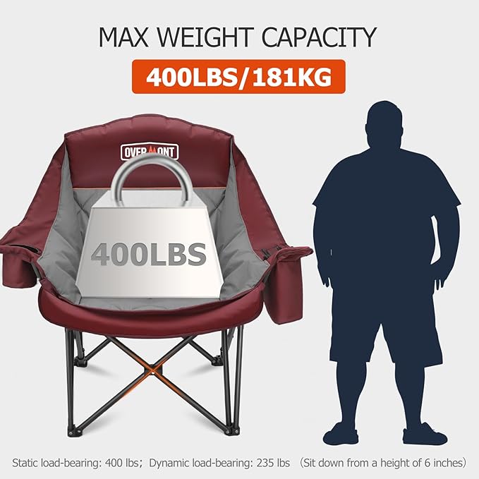 Overmont Oversized XL Camping Chair for Adults - 400lbs Support Heavy-Duty Padded Folding Chair with Side Pocket Cup Holder Cooling Bag for Outdoor Sports Garden Beach Fishing Lawn Red 2pcs