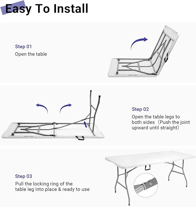 Byliable Folding Table 6ft, Heavy Duty Portable Plastic Fold-in-Half Utility Table with Carrying Handle for Indoor Outdoor, Camping Picnic Party, White