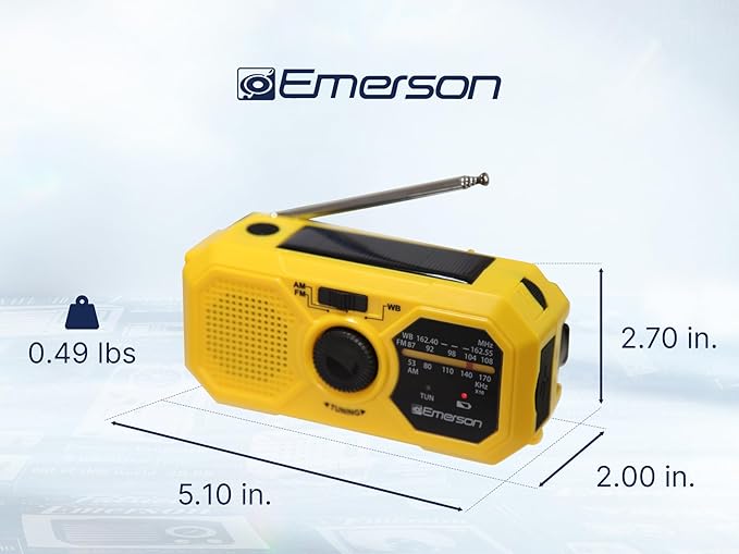 Emerson ER-7050 Emergency AM/FM Radio with NOAA Weather Band, Built-in Power Bank, Hand Crank, Solar Charging, LED Flashlight, and SOS Alarm – Essential Survival Gear for Camping and Emergency Prep
