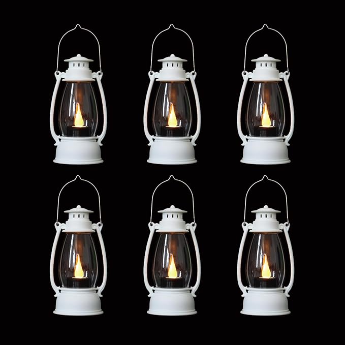White Mini Lanterns Decorative 6-Pcs for Wedding & Ramadan, Eid, Small Elegant Lantern with LED Light for Western Cowboy Parties, Camping Baby Shower Birthday Party, Centerpiece Table