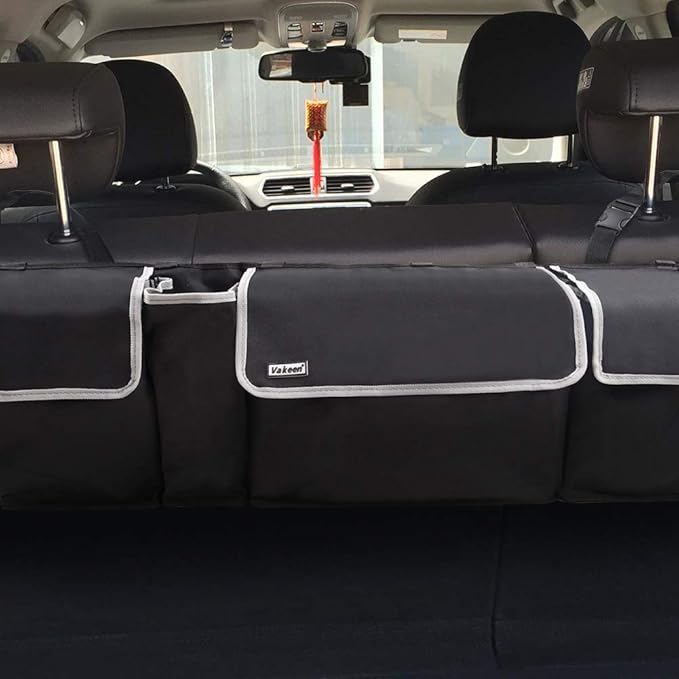 Backseat Trunk Organizer for SUV & Car - Hanging Organizer Foldable Cargo Storage Bag with 4 Pockets Adjustable Strap Durable Cover and Fit for Most Vehicles