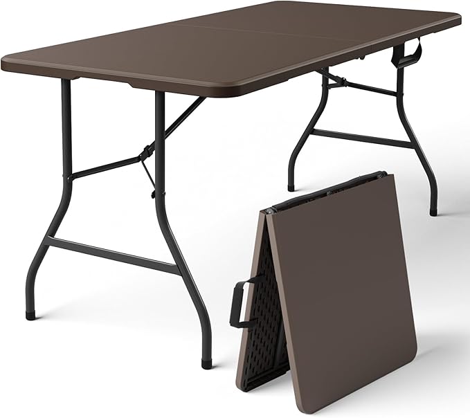 Folding Table, 5FT Foldable Picnic Table with Carrying Handle, Heavy Duty Fold-in-Half Portable Table for Weddings, Camping, RV Travel, Parties, BBQs, and Indoor Use, Easy to Fold and Store, Brown