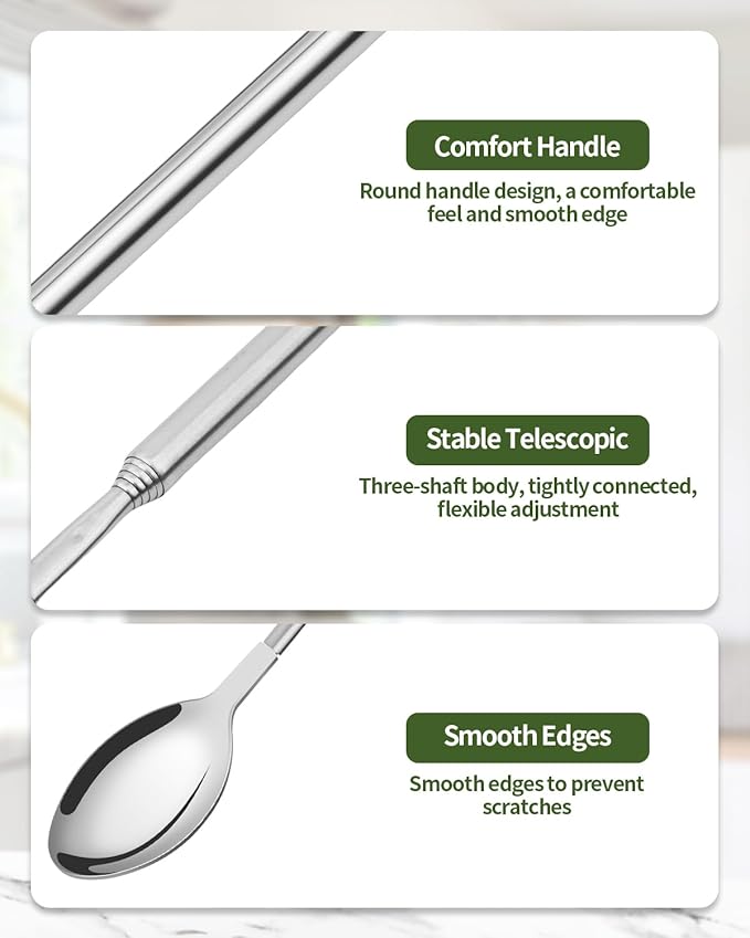 2 PCS Extendable Spoon, Telescopic Stainless Steel Spoon Set, Expandable Extension Spoon to 25 In Tableware, for BBQ Dinner Fruit Dessert