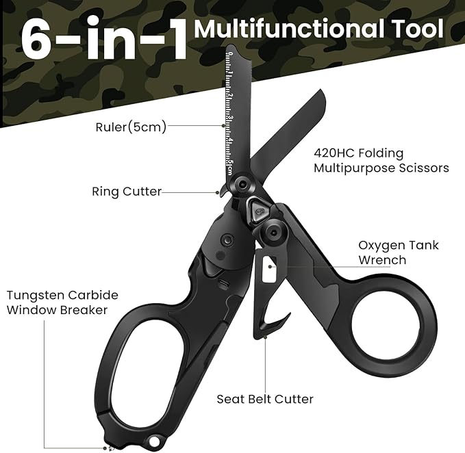 6in1 Trauma Shears, Stainless Steel Pocket Scissors Glass Breaker Emergency Medical Trauma Scissors,Outdoor Camping Tools Multi-function Shears (Carbon Black)