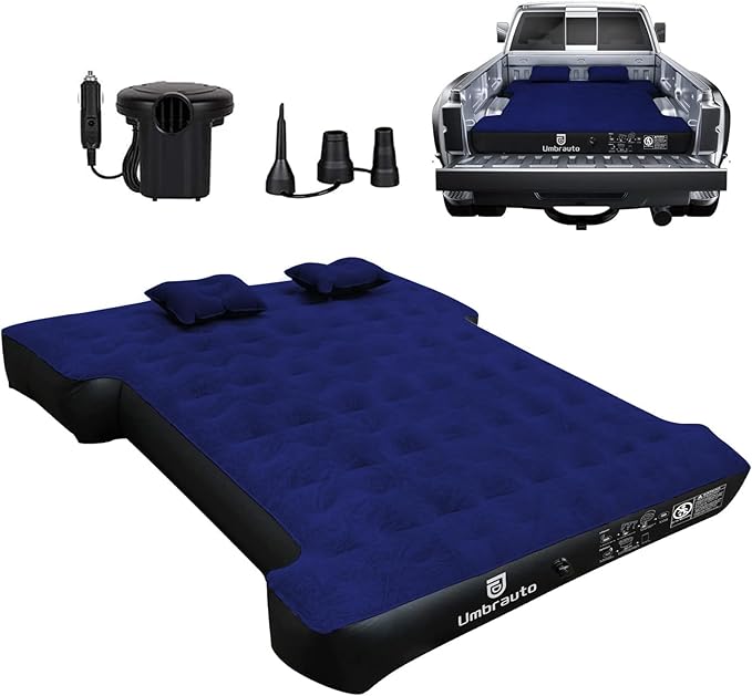 Umbrauto Truck Bed Air Mattress for 5.5'-5.8' Full Size Short Truck Beds, Inflatable Pickup Sleeping Pad for Outdoor Camping with Pump and Pillows, Navy