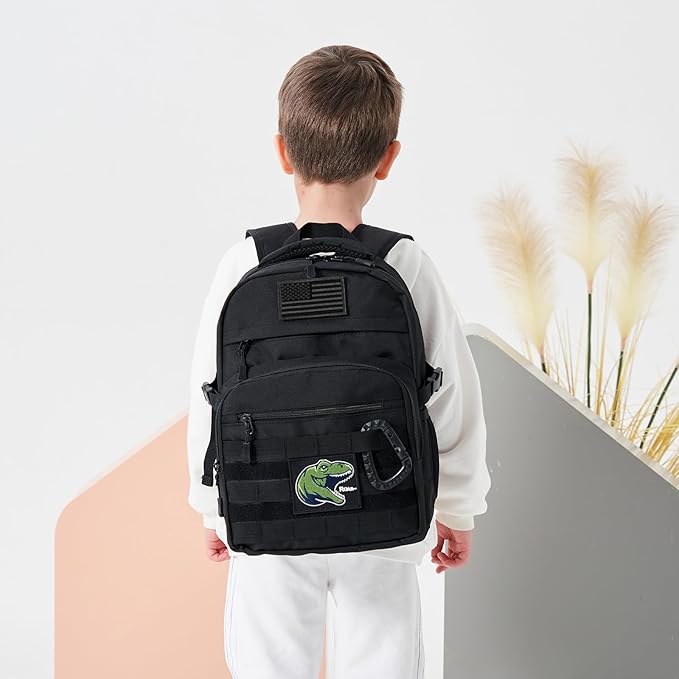 Kids Tactical Backpack Army Molle Bookbag Military Boys Backpack for School, Outdoor, Camping (Includes 2 Patches +1 Carabiner), Black