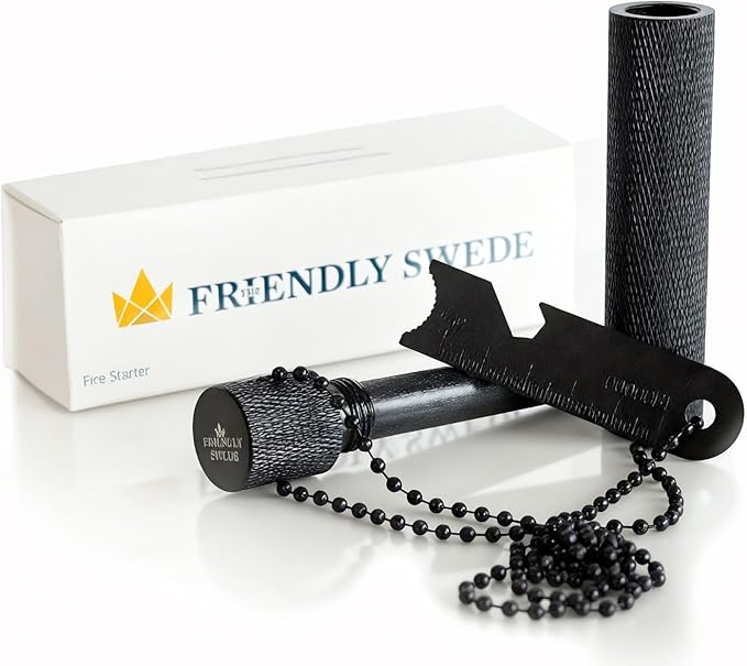 The Friendly Swede XL Ferro Rod Fire Starter Tool — Flint and Steel Fire Starter Survival Tool w/Large Ferro Rod - Weatherproof Firestarter for Camping & Hiking - Flint and Steel Kit w/Cylinder Case