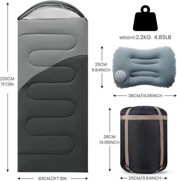 Sleeping Bags for Adults & Kids Lightweight Waterproof 3-4 Season Warm with Inflatable Pillow–Compact Portable Sleeping Bag for Cold Weather Camping, Hiking, Travel, Indoor/Outdoor Use