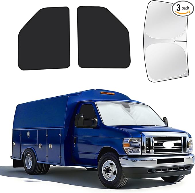 for Ford E-Series 1992-2026 Windshield & Side Window Sun Shade, Window Covers Accessories for E-150 E-250 E-350 E-450 Van Motorhome, UV Blocker ＆ Heat Protector, 3Pcs Window Shades for Privacy Napping