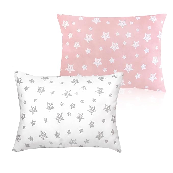 Biloban Toddler Pillow for Sleeping, Kid Pillow 14" x 19" for Small Travel Bed, Nap Pillows, Soft & Skin-Friendly Small Pillows for Sleeping, Toddler Use Only, Age 2 to 5, (White & Pink Star)