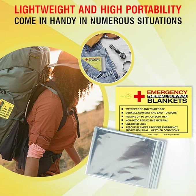 Rawyer (50 Pack) Emergency Thermal Survival Blankets, Mylar Blankets for Outdoor, Camping, Hiking, Survival in Harsh Weather, Large Silver Thermal Sheets, Heavy Duty Survival Gear (50, 84x52)
