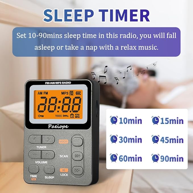 Portable Radio AM FM, Rechargeable Pocket Speaker with Best Reception Digital Tuning, MP3, Stereo Earphone, Large LCD Screen, TF Card Socket, Transistor Radio for Jogging/Gym/Camping (Grey)
