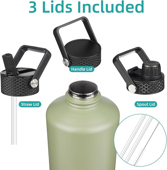 Konokyo Gallon Insulated Water Bottle with Straw,128 oz 3 Lids Water Jug with Carrying Bag,Paracord Handle, Double Wall Vacuum Stainless Steel Metal Flask,Camp Green
