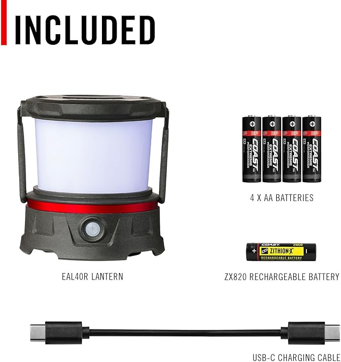 COAST EAL10R 500 Lumen Rechargeable Emergency Camping Lantern with Red Flashing Mode, Carabiner, Diffuser, Foldeable Handle, Moonglow™ Low Mode, 72 Hours of Runtime