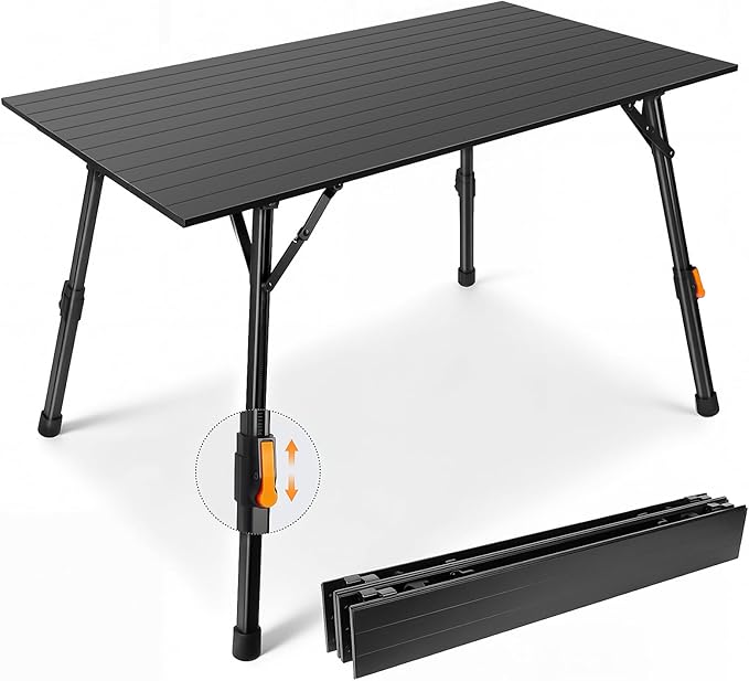 Portable Camping Table Foldable: No-Assembly Aluminum Folding Camping Table with Height Infinitely Adjustable & Carry Bag - Camp Table for Camping, Picnic, Beach, RV, BBQ