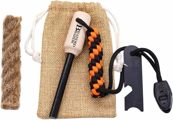 Bushcraft Fire Starter Kits. Ferrocerium Rod, Multi Tool Fire Striker, Waterproof Waxed Jute Rope Tinder, Survival Paracord, Emergency Whistle, Burlap Bag