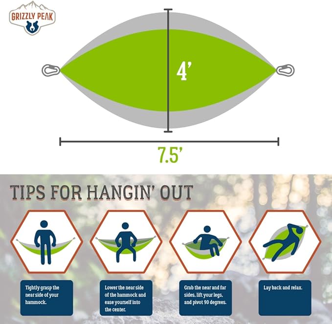 Grizzly Peak Single-Wide Camping Hammock, Lightweight and Portable Parachute Nylon (Moss & Mud)