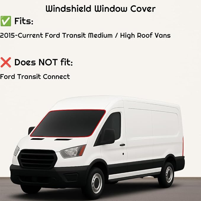 Extra-Thick Insulated Front Windshield Cover for 2015-2026 Ford Transit Medium and High Roof Vans, Blackout Privacy Sun Shades for Stealth Camping – Dark Gray