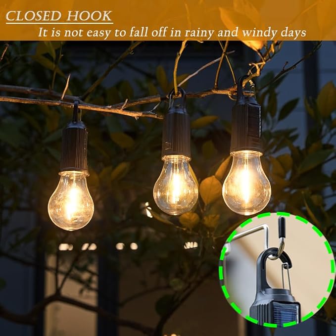 4 Pack Solar Camping Lights Hooked Tent Lamp Hanging Outdoor Camp Small Rechargeable Bulb Portable Lantern with Clip Hook 3 Lighting Modes for Hiking Backpacking Warm Light
