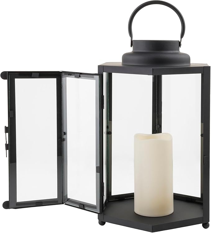 Alpine Corporation 14" Tall Outdoor Hexagonal Battery-Operated Metal Lantern with LED Lights, Black
